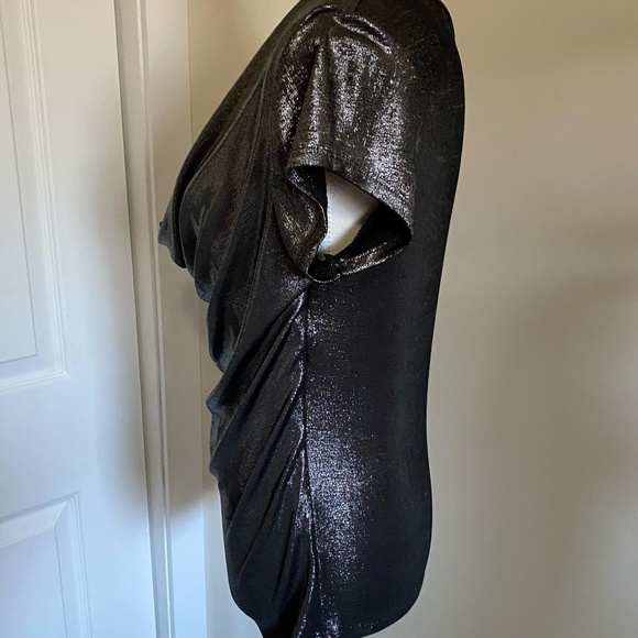 Clientele Vintage Shiny Silver Metallic Cowl Neck Cap Sleeve Holiday Party Top-M - Picture 8 of 16
